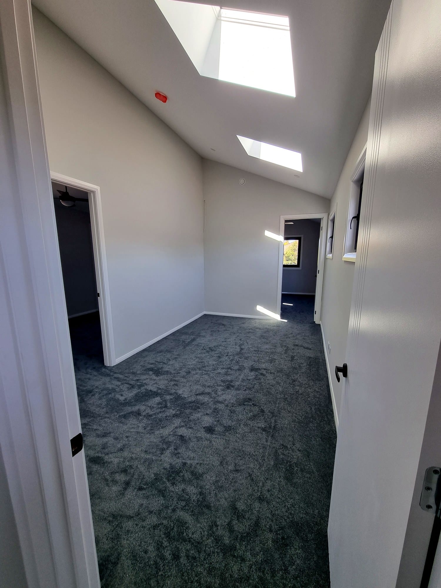 Upstairs landing with a raked ceiling, skylights and dark carpet