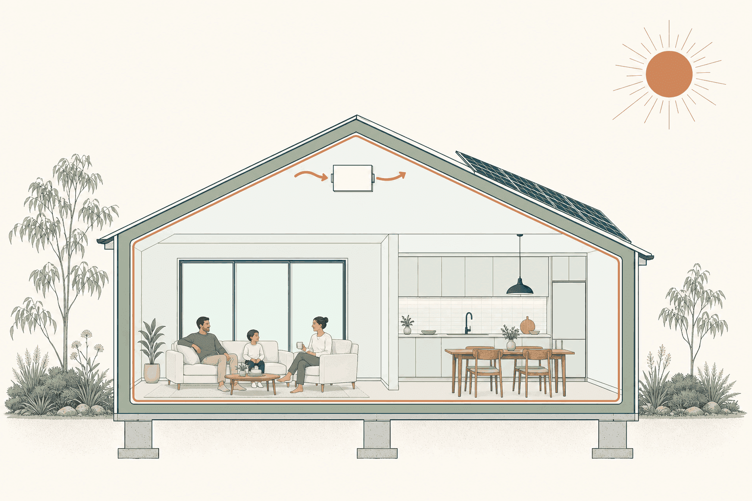 Marvel Homes cutaway diagram of a Sydney passive house, showing continuous insulation wrapping the roof and walls, double-glazed windows, a heat recovery ventilation unit, an airtight sealed envelope, and a thermal-bridge-free foundation, with rooftop solar and a family inside.