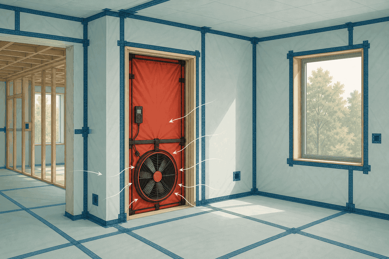 Cutaway of an airtight house being blower-door tested, showing interior walls and ceiling wrapped in a continuous airtight membrane with every seam and junction taped, and a red blower door fan sealed into the doorway drawing air out to measure leakage.