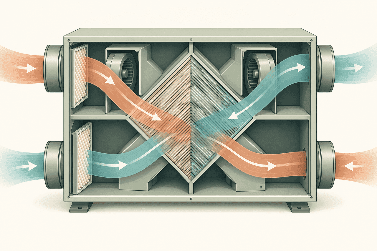 Cutaway of a heat recovery ventilation unit, showing the diamond counter-flow heat-exchange core, two fans and two filters, with a warm stale-air stream and a cool fresh-air stream crossing through the core so heat transfers without the air mixing.