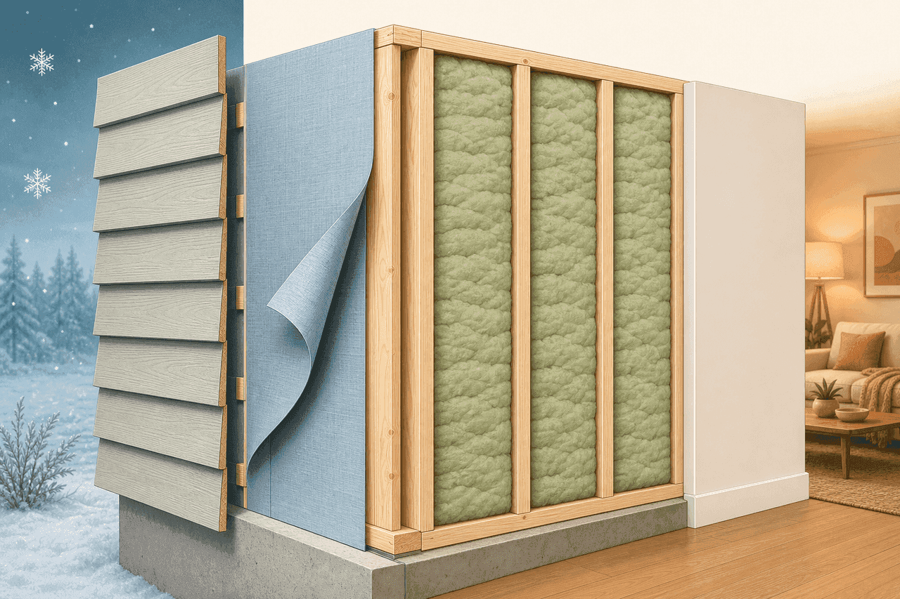 Cutaway of an Australian timber-framed wall, peeled back from outside to inside: external weatherboard cladding, a flexible Pro Clima breathable wrap membrane on the outside face of the timber frame with one corner peeled back, the timber stud frame with every cavity fully packed with insulation batts, and a single painted plasterboard wall on the inside, with a cold exterior and a warm living room inside.