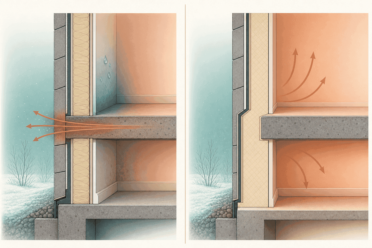 Side-by-side cross-section comparing a building junction with and without a thermal bridge. On the left a concrete slab passes straight through the insulation, letting heat escape and forming condensation droplets on the cold inside corner. On the right continuous insulation wraps the junction with a thermal break, so the heat stays inside and the corner stays warm and dry.
