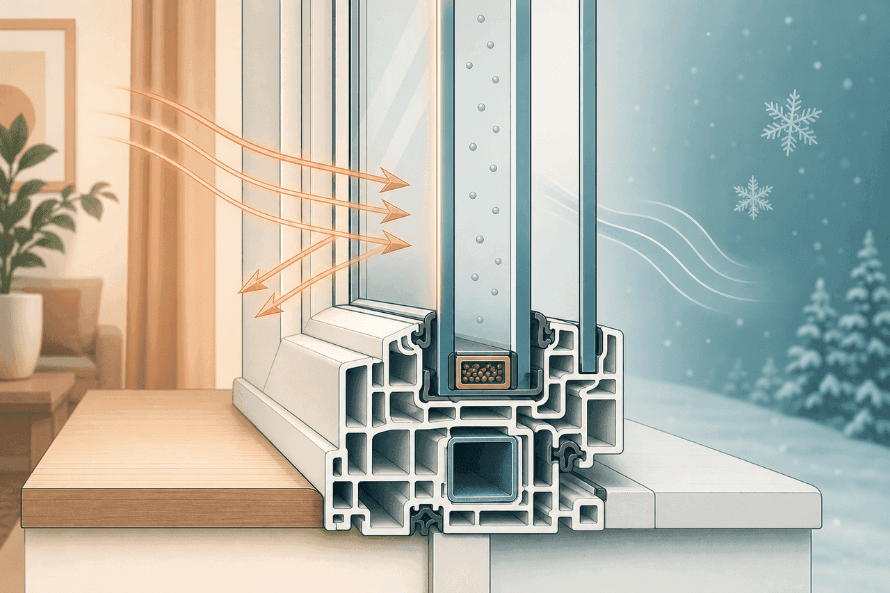 Detailed cross-section of a double-glazed low-E uPVC window between a warm interior and a cold exterior, showing two glass panes with a sealed argon-filled cavity, a warm-edge spacer bar with desiccant, a multi-chamber uPVC frame with steel reinforcing and weather seals, and copper heat arrows reflecting back into the room off the low-E coating.
