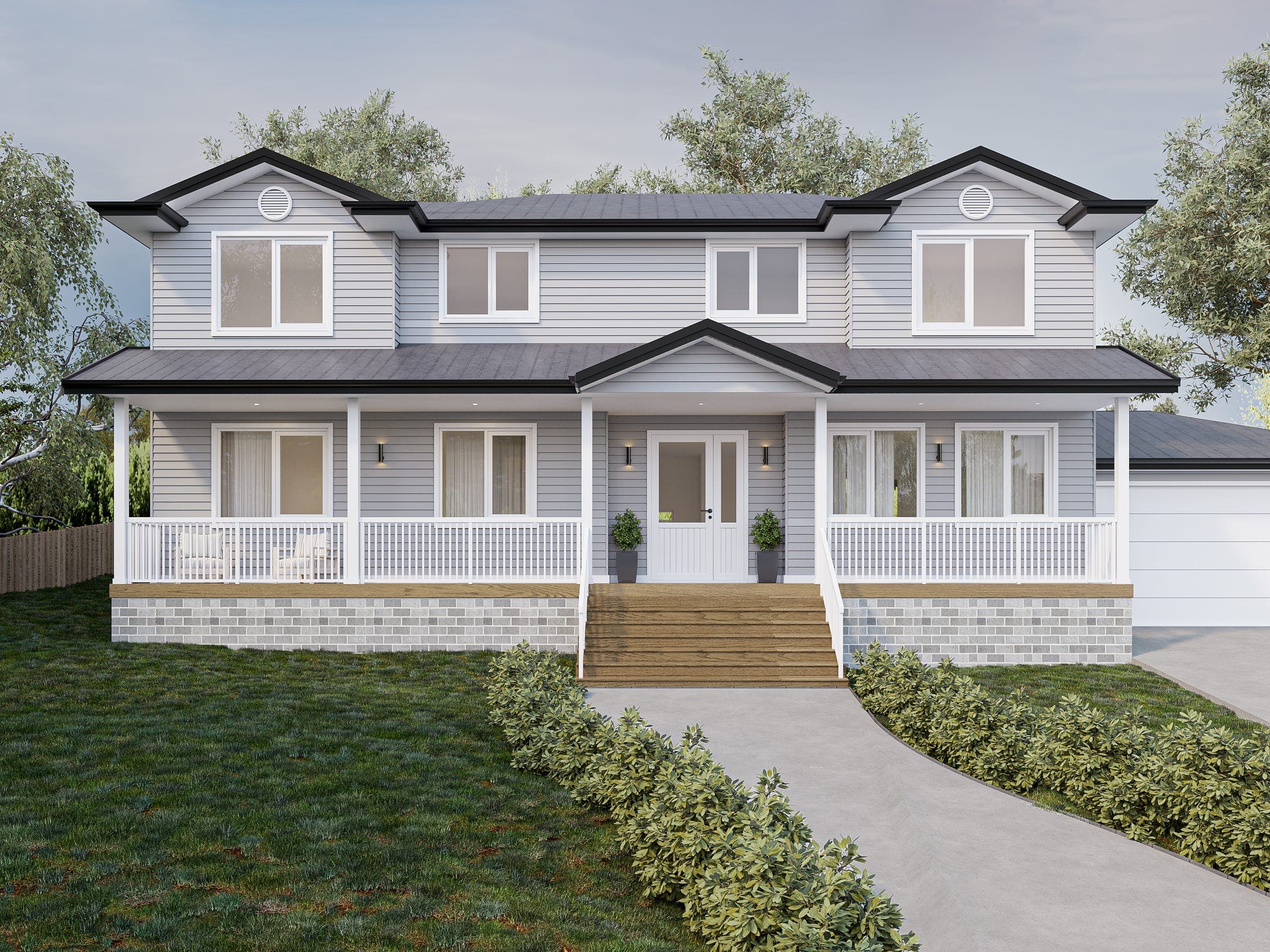 West Pymble home facade, a two-storey Hamptons-style home in grey weatherboard with white trim, a wraparound verandah and gabled dormers