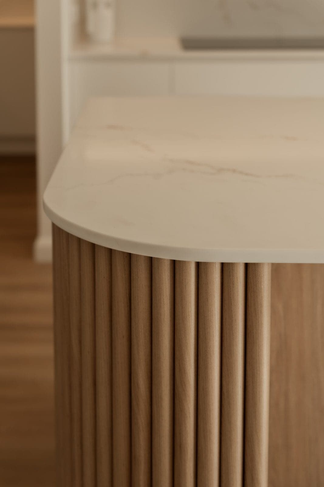 Lilyfield passive house fluted oak island with stone top, detail